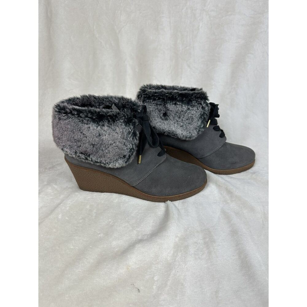 Cole Haan Coralie Wedge Boots Gray Size 9 Ankle Bootie Faux Fur Suede Waterproof
